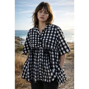 Marques’Almeida Gingham Babydoll Blouse Size L Black White Peplum Top